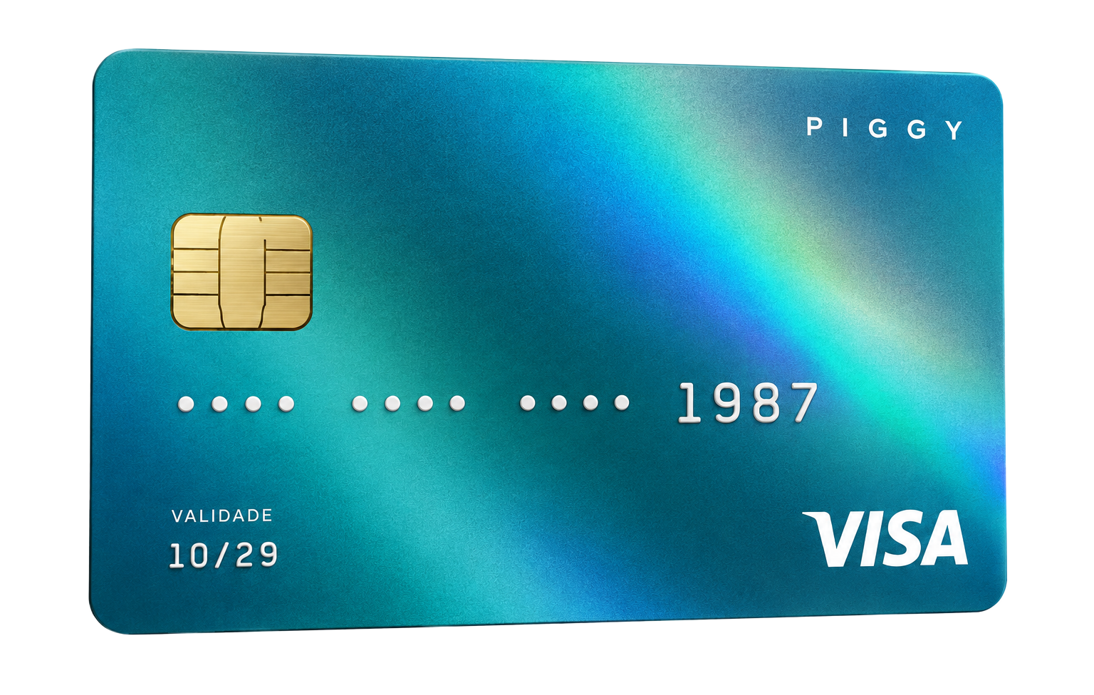 Cartão Piggy Visa em dólar, turquesa, com chip dourado
